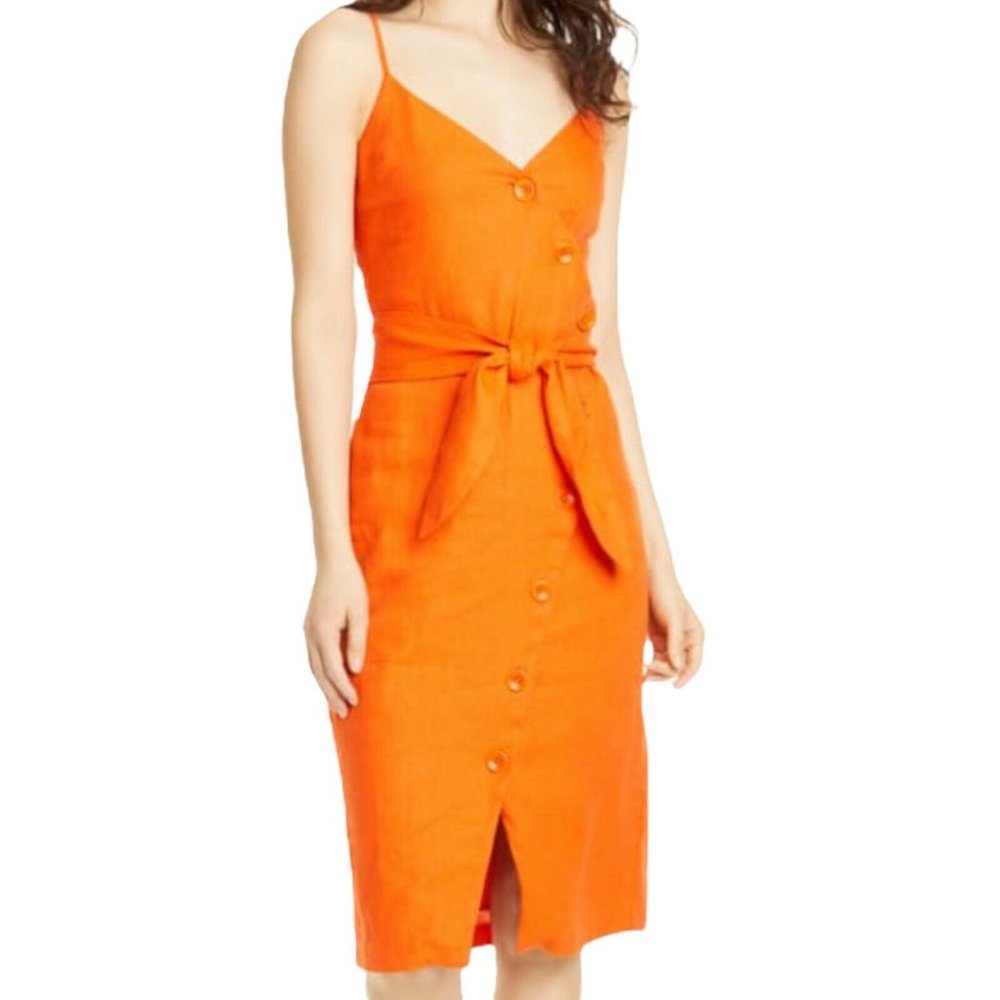JOIE Women Medium Orange V Neck Carnell Belted Linen Wiggle Pencil Dress NEW